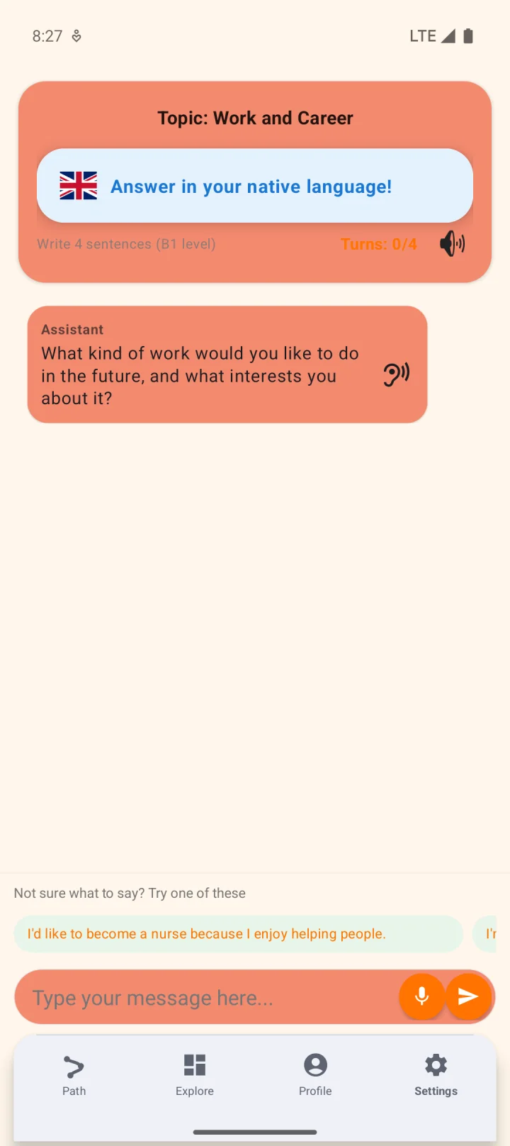 A conversation in Echo: the app prompts you to answer in your native language, then helps you say it