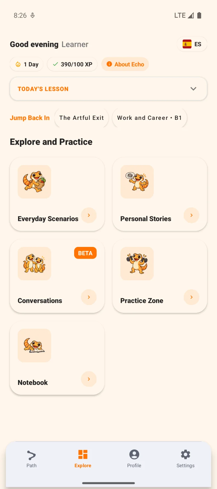 Echo app home screen showing lessons and practice activities